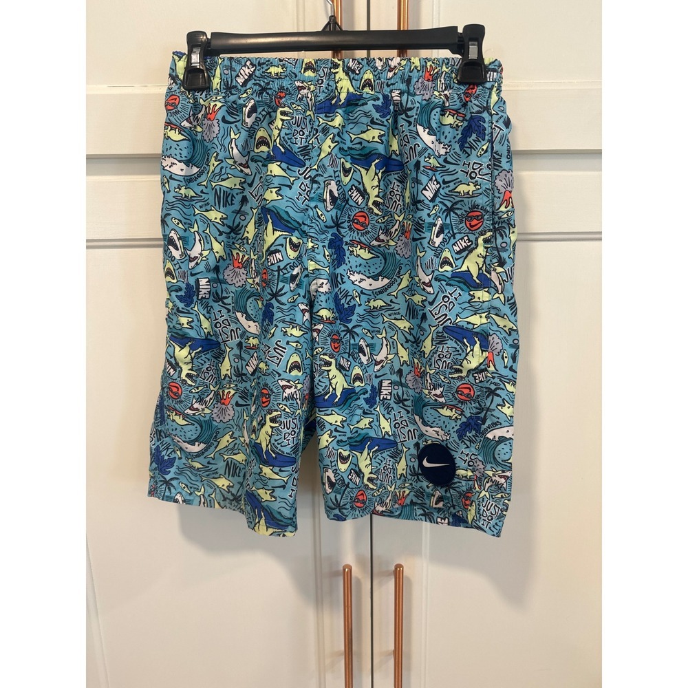 Nike Kids Swim Trunks Shorts Teal Shark lagoon Elastic Waist summer travel YXL